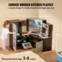 Corner Wooden Play Kitchen, Toy Set with Lights and Sounds, Toddler Kitchen with Ice Maker, Oven, Sink, Clock, Microwaves, Refri