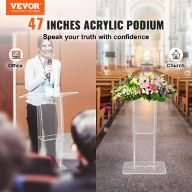 Acrylic Podium, 47" Tall, Clear Acrylic Podium Stand with Wide Reading Surface & Storage Shelf, Floor-standing Clear Pulpits