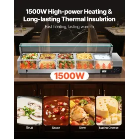 Commercial Electric Food Warmer Countertop Buffet 5*8Qt with Glass Shield