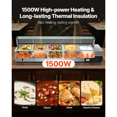 Commercial Food Warmer, 5-Pan Electric Steam Table with Glass Cover, 1500W Countertop Stainless Steel Buffet Bain Marie with 30-