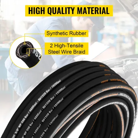 Hydraulic Hose 3/8 inch x 100 ft, Coiled Hydraulic Hose 4800 PSI, Rubber Hydraulic Hose with 2 High-Tensile Steel Wire Braid, Bu