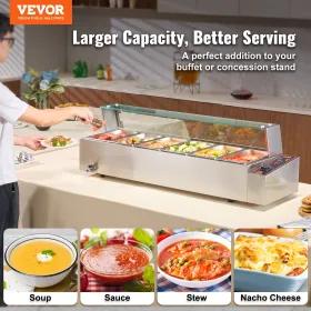 Commercial Electric Food Warmer Countertop Buffet 6*5Qt with Glass Shield
