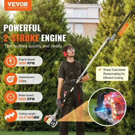 15.7-inch 26CC 2 Cycle Gas Hedge Trimmer, Gas Powered Pole Hedge Trimmer with Dual Sided Dual Action Blade, 270° Adjustable Trim