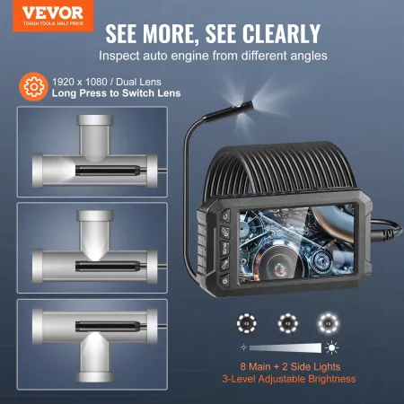 Endoscope Camera with Lights Triple Lens Borescope 1499.6 cm Cable 12.7 cm Screen