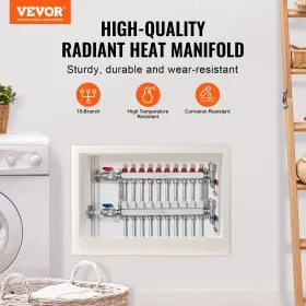 10-Branch Radiant Heat Manifold 1/2 "PEX-rørgulvopvarmningsmanifoldsæt