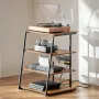 4-Tier AV Media Stand with Power Strips, Corner TV Stand with LED Lights, Height Adjustable Wooden Shelves for DVD Players/Cable