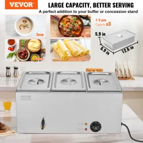 Commercial Electric Food Warmer 3-Pan Countertop Buffet 16.5L Bain Marie