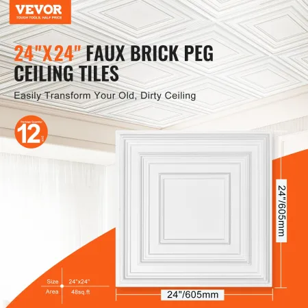 Ceiling Tiles 12-Pack 61 cm x 61 cm PVC Easy Installation White Peg Pattern