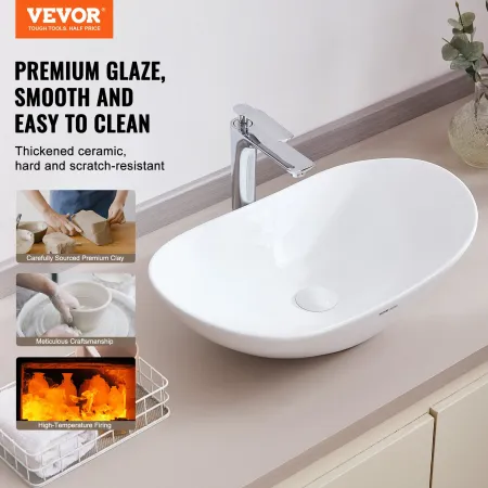 Oval Vessel Sink, 23.3" x 14.2" Bathroom Vessel Sink Bowl Countertop, White Ceramic Bathroom Sinks Above Counter, Bowl Sink with