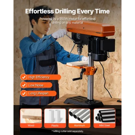 254 mm/10-inch Benchtop Drill Press, 550W Induction Motor, Tabletop Drilling Machine with 550 / 950 / 1500/2000 / 2500 RPM Adjus