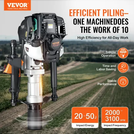 37.77cc Gas-Powered T Post Driver, 4-Stroke Engine Gasoline Fence Piling Pounder, with 2 Post Driving Head(55/70 mm) , 1000W Por