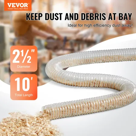 Dust Collection Hose, 2.5" x 10', Thickened PVC Material Puncture-Resistant Flexible Clear Hose with Carbon Steel Wire Coil 4 x 