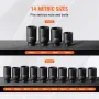 Axle Nut Impact Socket Set, 1/2" Drive Deep 6+12-Point 14-Piece Metric Spindle Nut Socket Set, CR-V Heat Treated Large Socket Se