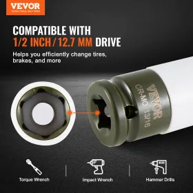 Lug møtrikpåvirkningstik Sæt 1/2 i drevmetrisk og SAE 6-punkts dybe stikkontakt