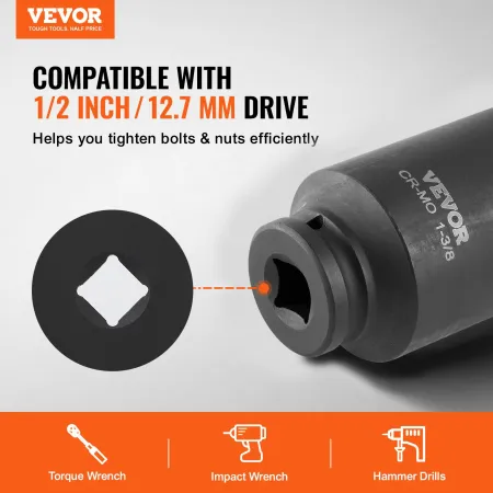 Axle Nut Impact Socket Set, 1/2" Drive Deep 12-Point 8-Piece Metric Spindle Nut Socket Set, CR-MO Heat Treated Large Socket Set 