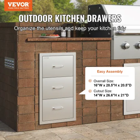Outdoor Kitchen Drawers 16\" W x 28.5\"" H x 20.5\"" D, Flush Mount Triple Access BBQ Drawers Stainless Steel with Handle, BBQ I