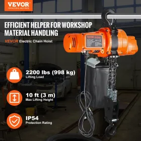Electric Chain Hoist Single Phase Crane Hoist 2200 lbs Load 10