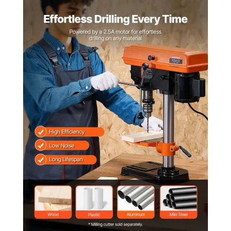 203.2mm/8-inch Benchtop Drill Press, 500W Induction Motor, Tabletop Drilling Machine with 550 / 950 / 1450 / 1950 / 2500 RPM Adj