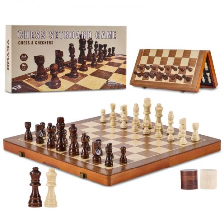 Magnetic Wooden Chess Set, 15 inch 2-IN-1 Chess Checkers Game Set, Folding Chess Board Games for Adults Kids, 2 Queens Portable