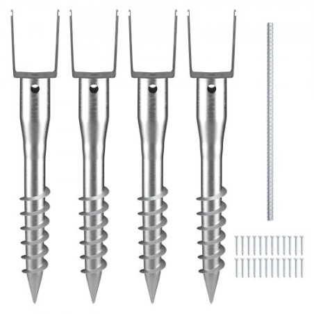 No Dig Ground Anchor, 4 Pack 3.94 x 2.76 x 27.56 in DIY Screw in Post Stake, Includes 6 Lag Bolts & a Rebar, U-Shape Heavy Duty