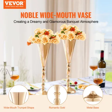 10PCS 43cm/16.9” Tall Wedding Flower Vase, Metal Wedding Trumpet Centerpiece, Gold Floral Stand Display Rack for Tables Wedding 