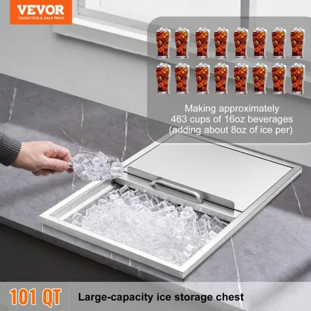 Drop in Ice Chest, 27"L x 18"W x 21"H Stainless Steel Ice Cooler, Commercial Ice Bin with Sliding Cover, 40.9 qt Outdoor Kitchen