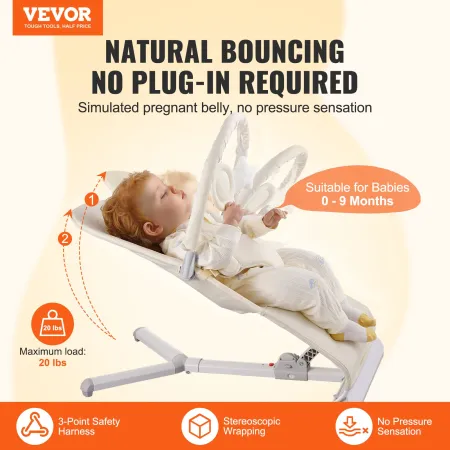 Baby Bouncer, Folding Bouncer Seat for Babies 0-9 Months, Newborn Bouncer Chair with 2 Reclining Angles & Rotatable Toy Bar, Por
