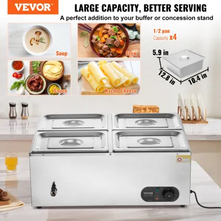 4-Pan Commercial Food Warmer, 4 x 8QT Electric Steam Table, 1500W Professional Countertop Stainless Steel Buffet Bain Marie with