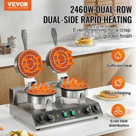 Commercial Waffle Maker Dual-Head Round Waffle Iron 2460W Non-Stick
