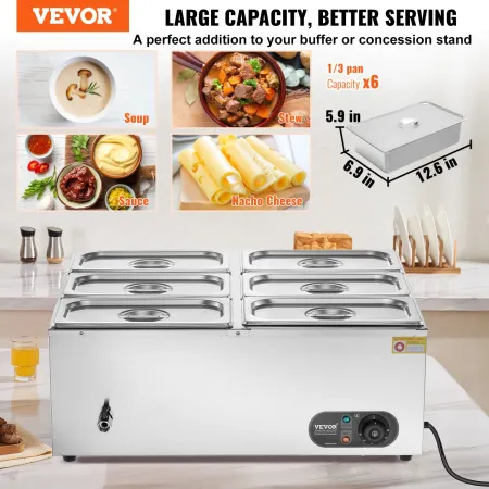 6-Pan Commercial Food Warmer, 6 x 5QT Electric Steam Table, 1500W Professional Countertop Stainless Steel Buffet Bain Marie with