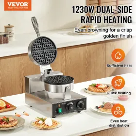 Kommerciel vaffelproducent Round Waffle Iron Baker Machine Non-Stick 1230W