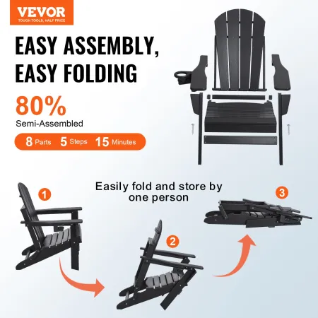 Adirondack Chair Plastic, Set of 2 All-Weather Portable Folding Fire Pit Chair, Outdoor Adirondack Patio Chair with Cup Holder, 