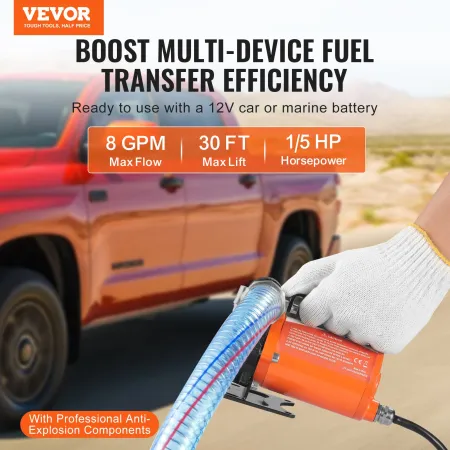 Fuel Transfer Pump, 12V DC 30L/min(8 GPM) 124W(1/6 HP), Portable Electric Diesel Transfer Pump with Auto Shut-Off Fuel Nozzle, L