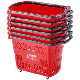 Plastic Rolling Shopping Trolley Basket On Wheels 6PCS 39L with Handle Red