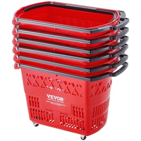 Plastic Rolling Shopping Trolley Basket On Wheels 6PCS 39L with Handle Red