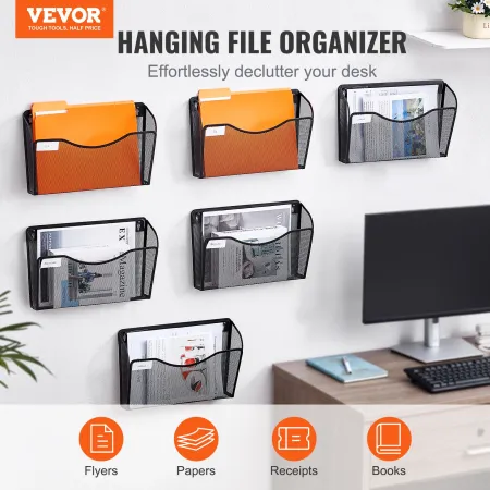 File Wall Rack, Six-Piece 1 Pocket Mesh Wall File Holder, Wall Mounted Magazine Mail Paper & Document Storage Folder, Metal Wall