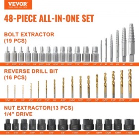 48-Piece Bolt Extractor Screw Extractor Set, with 13 PCS Bolt Extractor Set, 19 PCS Screw Extractors, 16 PCS Reverse HSS Drill