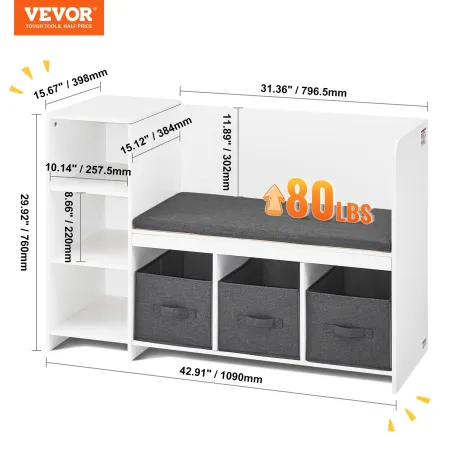 Kids Reading Nook Bench, Toddler Bookshelf and Bookcase with Detachable Seat Cushion, 6-Cubby Storage Organizer Bench with 3 Dra