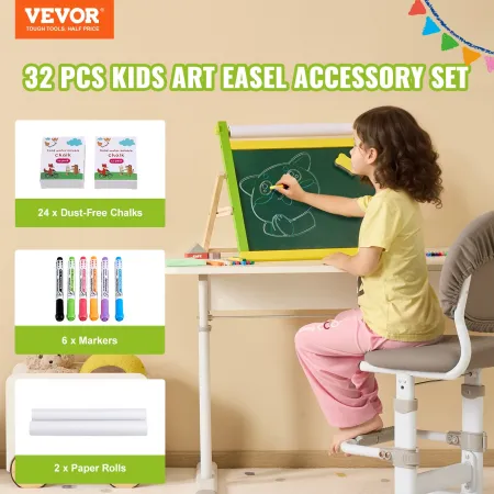 Easel Accessory Set, 32 PCS Kid's Art Easel Painting Kit Including Chalks, Dry-Erase Markers & Paper Rolls, Supplies Set for Tab