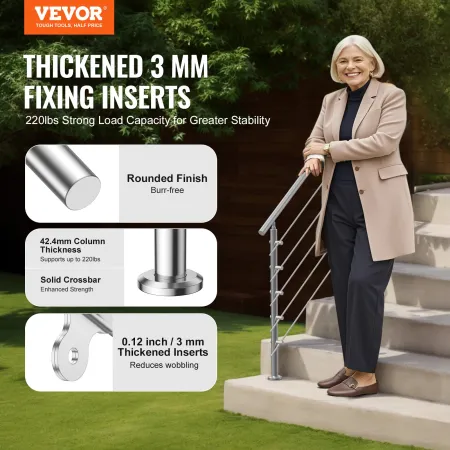 Handrails for Outdoor Steps, 59 in Length 5 Crossbars Stair Hand Rail Kit, Transitional Stainless Steel Railings w/ Installation