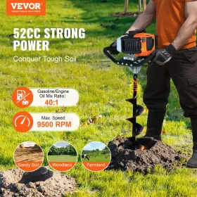 Benzindrevet pæleboremaskine 52CC 1450W med 6" og 10" bor og 3