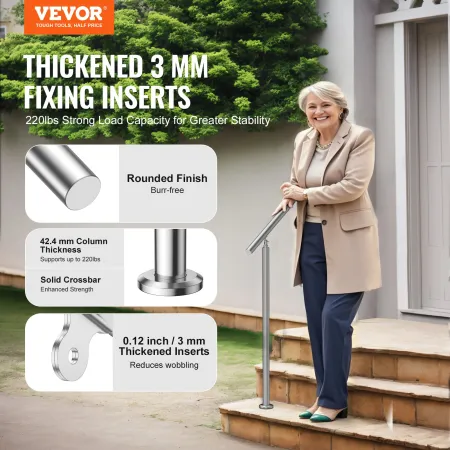 Handrails for Outdoor Steps, 39.4in / 100cm Length Stair Hand Rail Kit, Transitional Stainless Steel Railings with Installation 