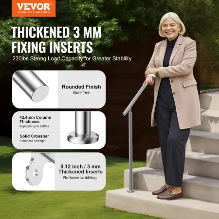 Handrails for Outdoor Steps, 59 in/ 150cm Length Stair Hand Rail Kit, Transitional Stainless Steel Railings with Installation Ki