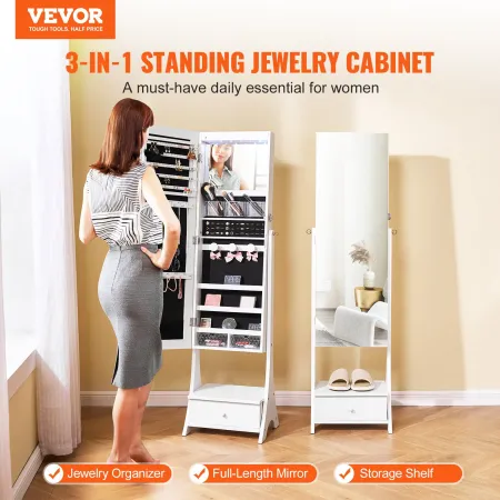 Mirror Jewelry Cabinet, Standing Mirror with Storage, Lockable Jewelry Mirror Organizer with Full Length Mirror, Velvet Lining, 