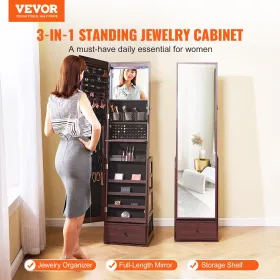 Mirror Jewelry Cabinet, 360° Swivel Standing Mirror with Storage, Lockable Jewelry Mirror Organizer with Full Length Mirror, Vel