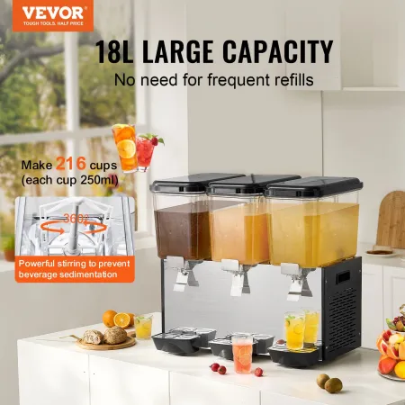 Commercial Beverage Dispenser, 3 Tanks 18 L Per Tank Juice Dispenser, 512W Stainless Steel Ice Tea Drink Machine with 45°F-54°F 