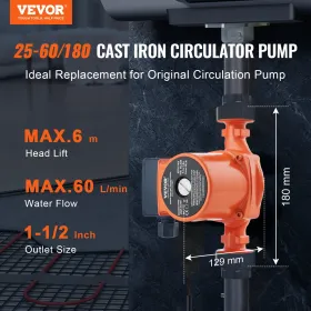 Varmtvand Circulation Pump Cast Iron Recirculating Pump 220V 92W, 60 L/MIN MAX Flow Rate, 6m Max Head Lift, 1-1/2 "trådet