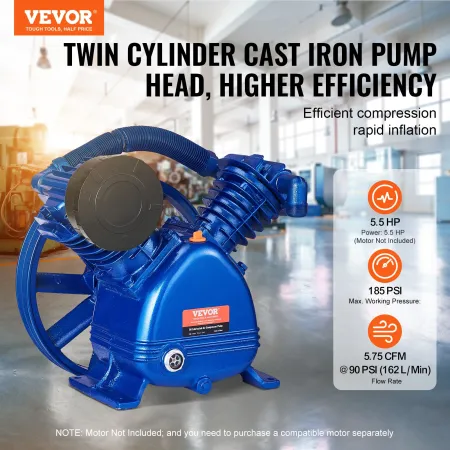 Air Compressor Pump Head, 5.5HP 5.75CFM @ 90PSI, Twin Cylinder Oil Lubricated Air Compressor Piston Pump Head, Dual Stage V-Type