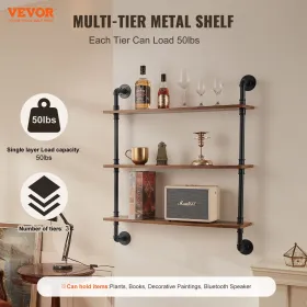 Industrial Pipe Shelf 3 Tier 32x7.87in Wall-Mount for Kitchen Bedroom