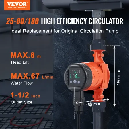 LPS25-8BP-180 Hot Water Recirculating Pump, 220V, 60W 67 L/min High Efficiency Circulator Pump, EMC Automatic Water Circulation 